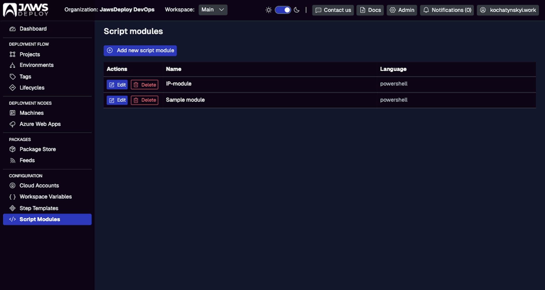The Script Modules interface in Jaws Deploy, displaying a list of reusable PowerShell modules like "IP-module" and "Sample module" that can be imported into deployment steps.