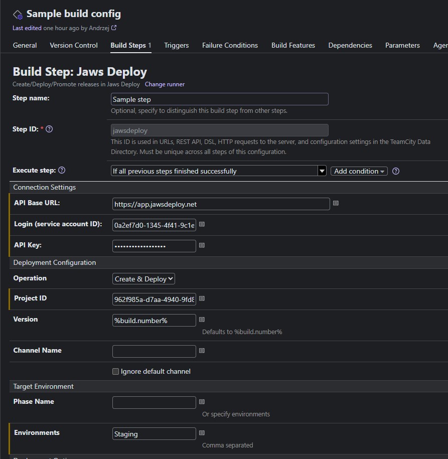 TeamCity build step configuration for the Jaws Deploy runner