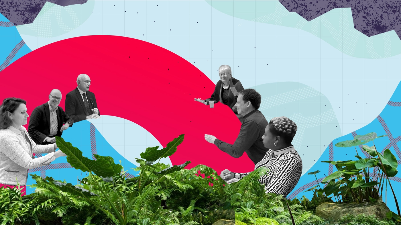 A graphic scene depicting a group of diverse individuals engaged in discussion amidst abstract shapes and greenery, with a vibrant red wave in the background.
