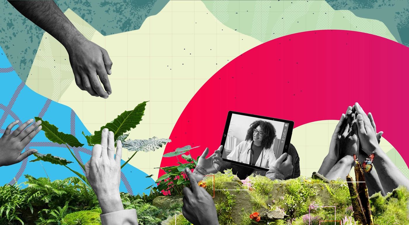 An abstract collage featuring multiple hands reaching towards greenery and a digital tablet displaying a woman. The background includes colorful geometric shapes, symbolizing connection and nature.