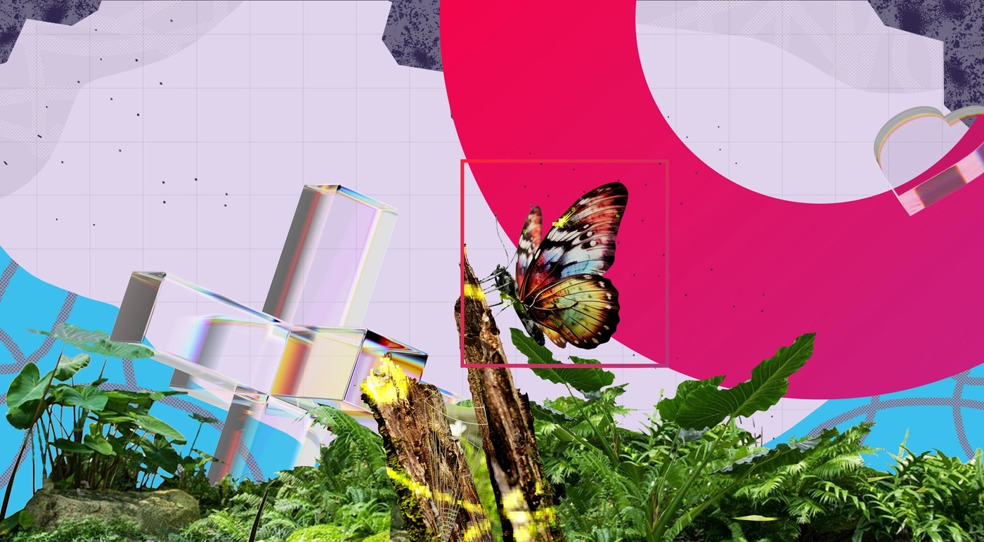 A vibrant digital artwork featuring a butterfly perched on a wooden stump surrounded by lush green ferns. Geometric shapes in pastel colors and a large pink circle are in the background, creating a modern, abstract composition.
