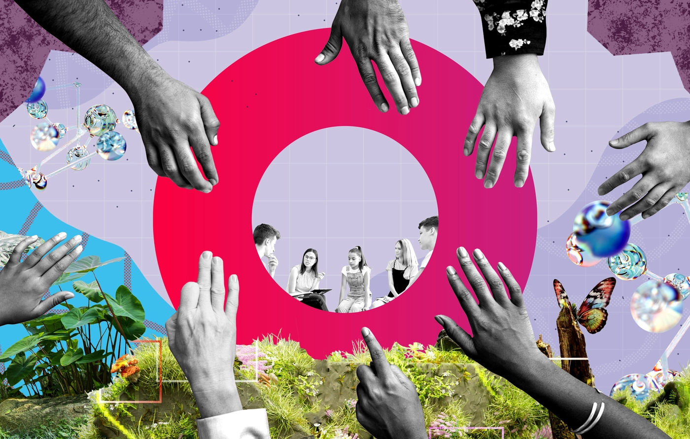 A collage featuring diverse hands reaching towards a pink circular frame with a group of people discussing in the center. The background includes colorful graphics, plants, and butterflies, combining elements of nature and collaboration.