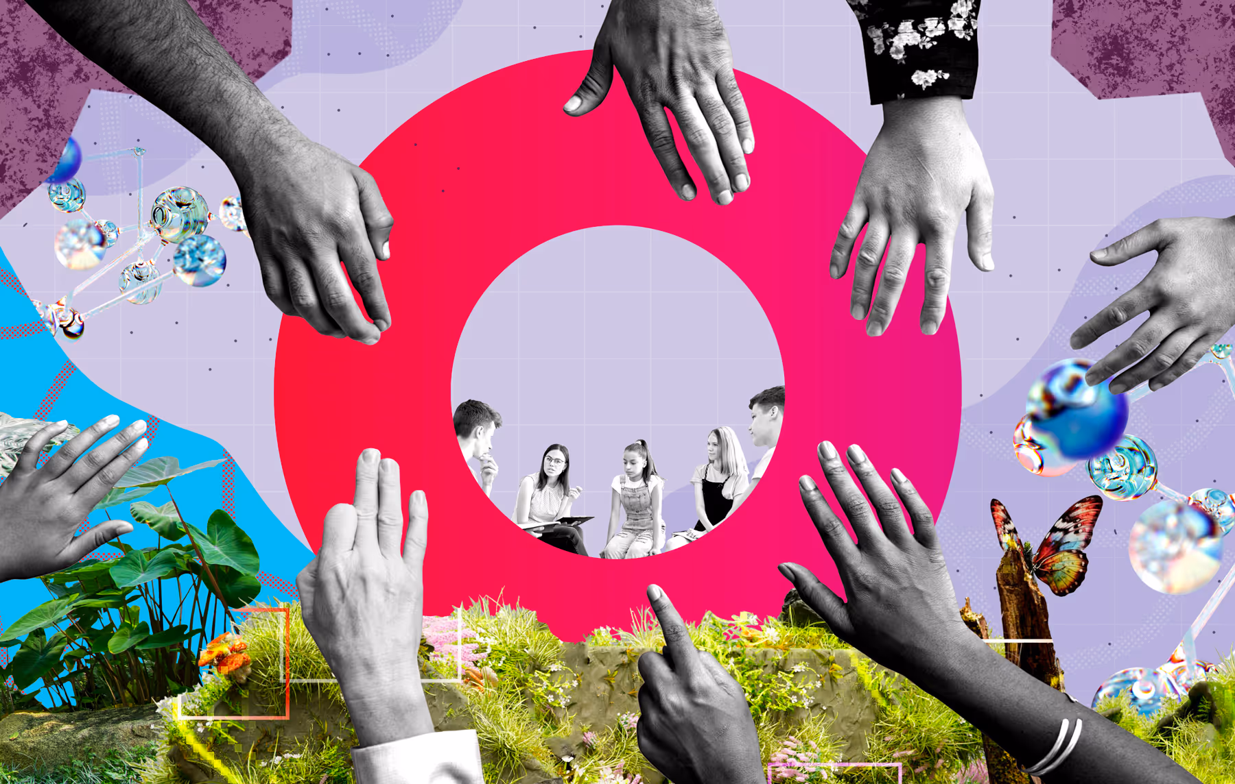 A collage featuring diverse hands reaching towards a pink circular frame with a group of people discussing in the center. The background includes colorful graphics, plants, and butterflies, combining elements of nature and collaboration.