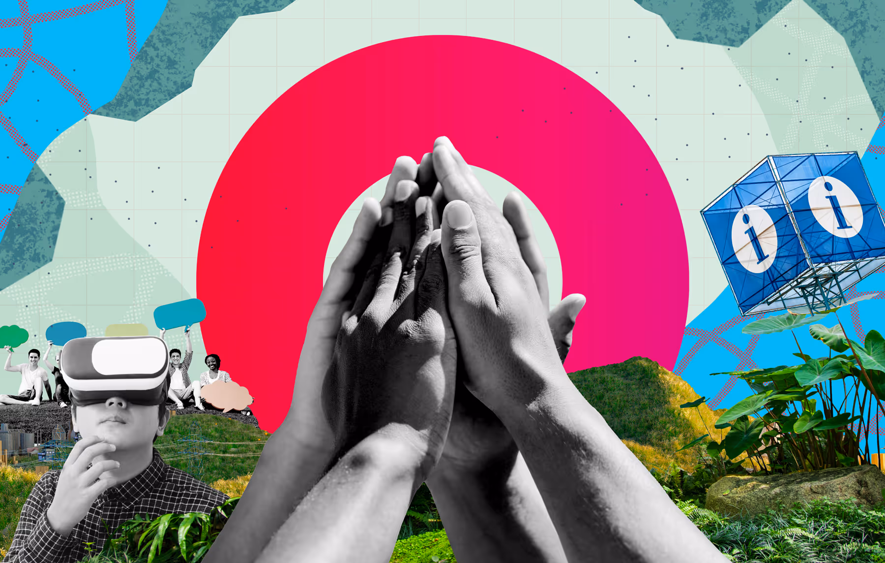 An artistic collage featuring a person wearing a virtual reality headset, hands symbolically joining together, and a blue information sign against a vibrant background with stylized shapes and patterns.