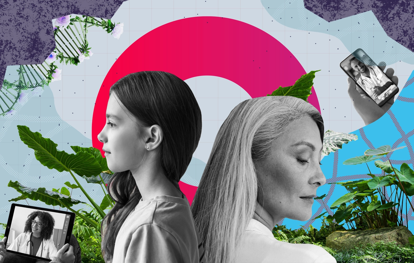 A collage featuring a young girl and a woman with grey hair, each facing opposite directions. The background includes abstract patterns with leaves and a large pink circle, while the woman looks at a mobile phone and the girl gazes forward.