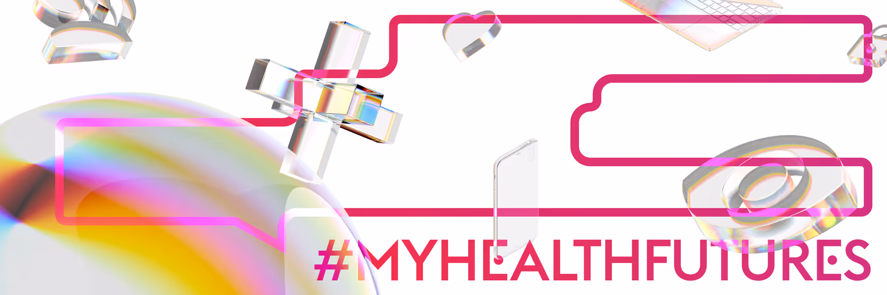 A modern graphic design featuring geometric shapes, including a translucent cross and a smartphone outline, with vibrant colors and the hashtag #MYHEALTHFUTURE prominently displayed.