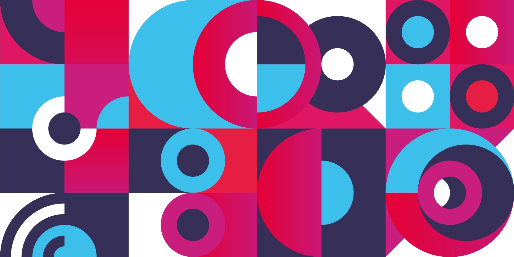 An abstract geometric design featuring a variety of colored circles and shapes in shades of blue, pink, and purple, arranged in a grid-like pattern.