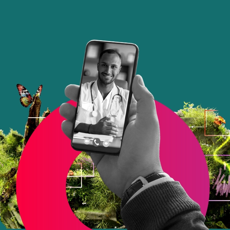 A hand holding a smartphone displaying a smiling doctor in a white coat during a video call. The background features vibrant green moss and colorful graphics, including butterflies.
