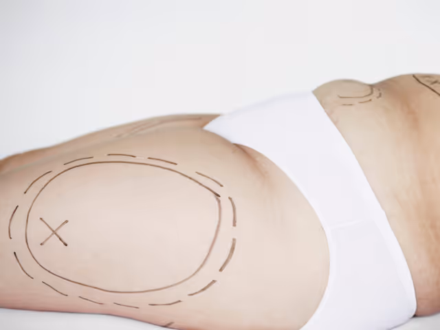 Frau mit Lipödem liegt auf Behandlungstisch, Flächen zur Liposuktion sind auf Oberschenkel angezeichnet