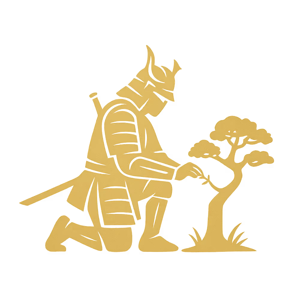 An armored Samurai kneels in a garden tending to a young bonsai tree half his size.