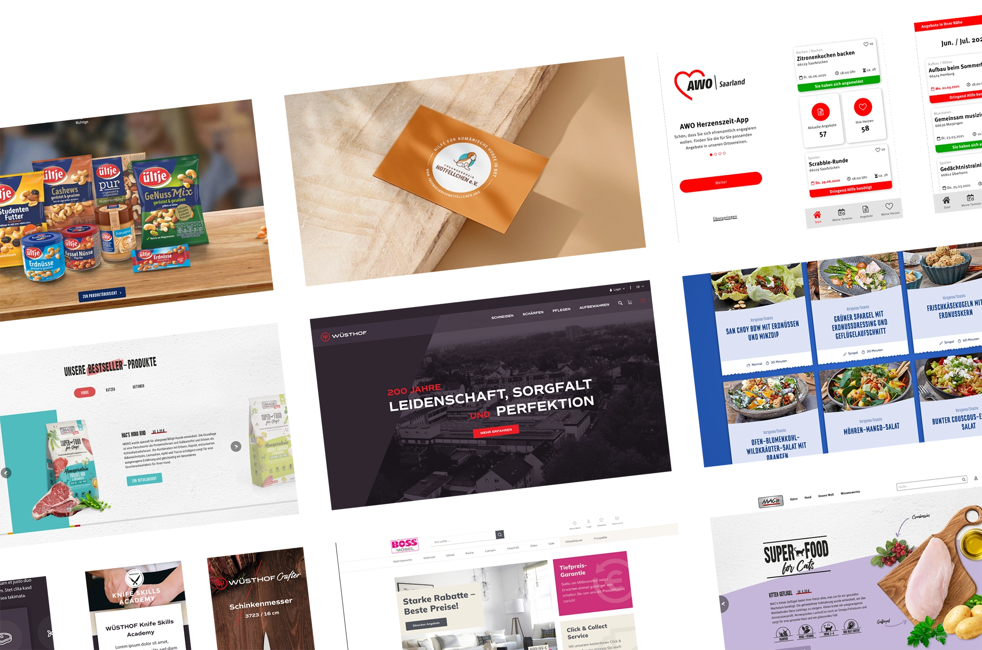 Screenshot-Collage eines digitalen Portfolios mit verschiedenen Webdesign-Projekten. Zu sehen sind Produktseiten für Lebensmittel, Mode-Websites, Apps, Unternehmensseiten und Rezeptseiten. Die Designs zeigen unterschiedliche Layouts, Farbwelten und Typografien, von modernen, minimalistischen Interfaces bis zu bunten, verspielten Darstellungen