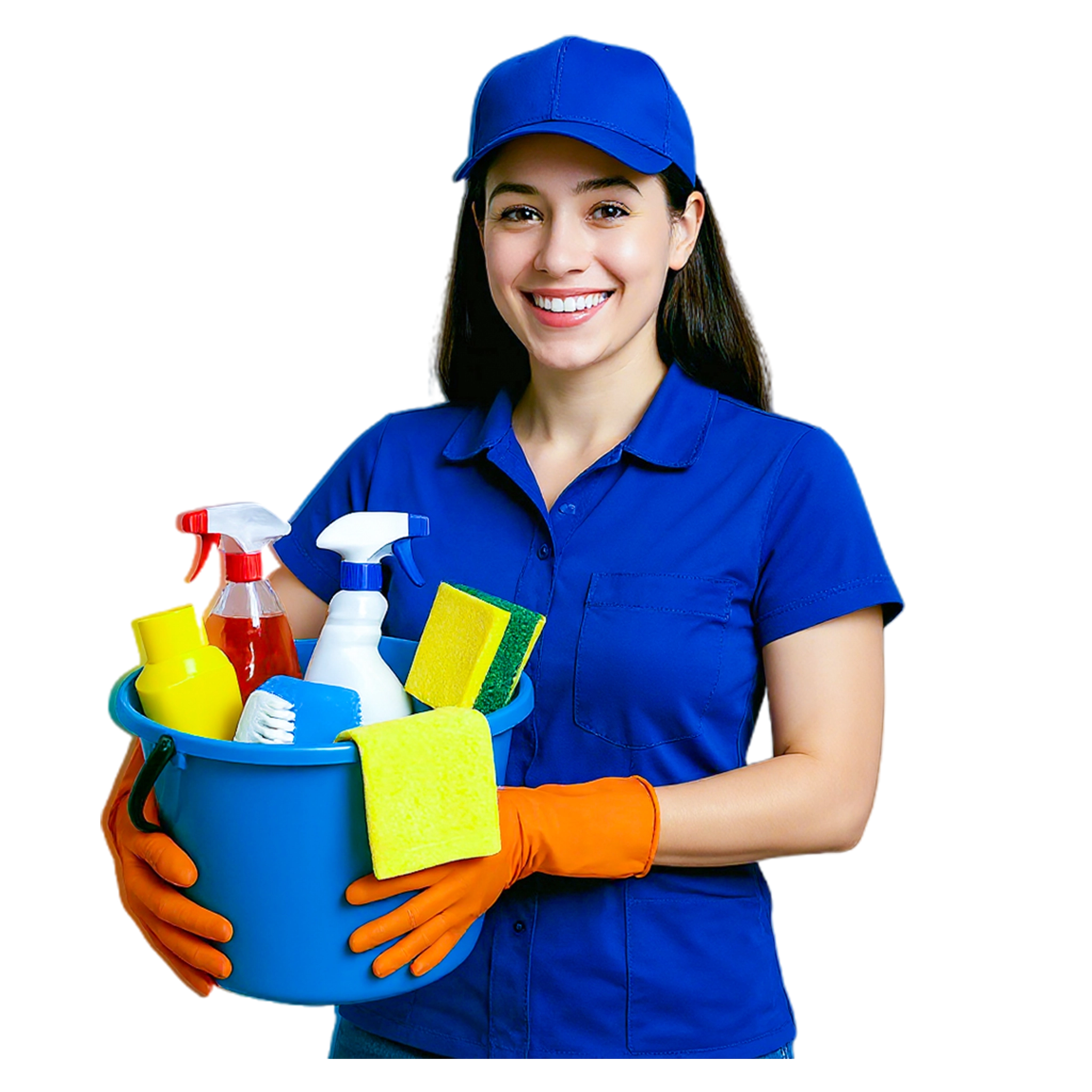 A man stands holding a bucket filled with various cleaning supplies, ready to start his cleaning task.