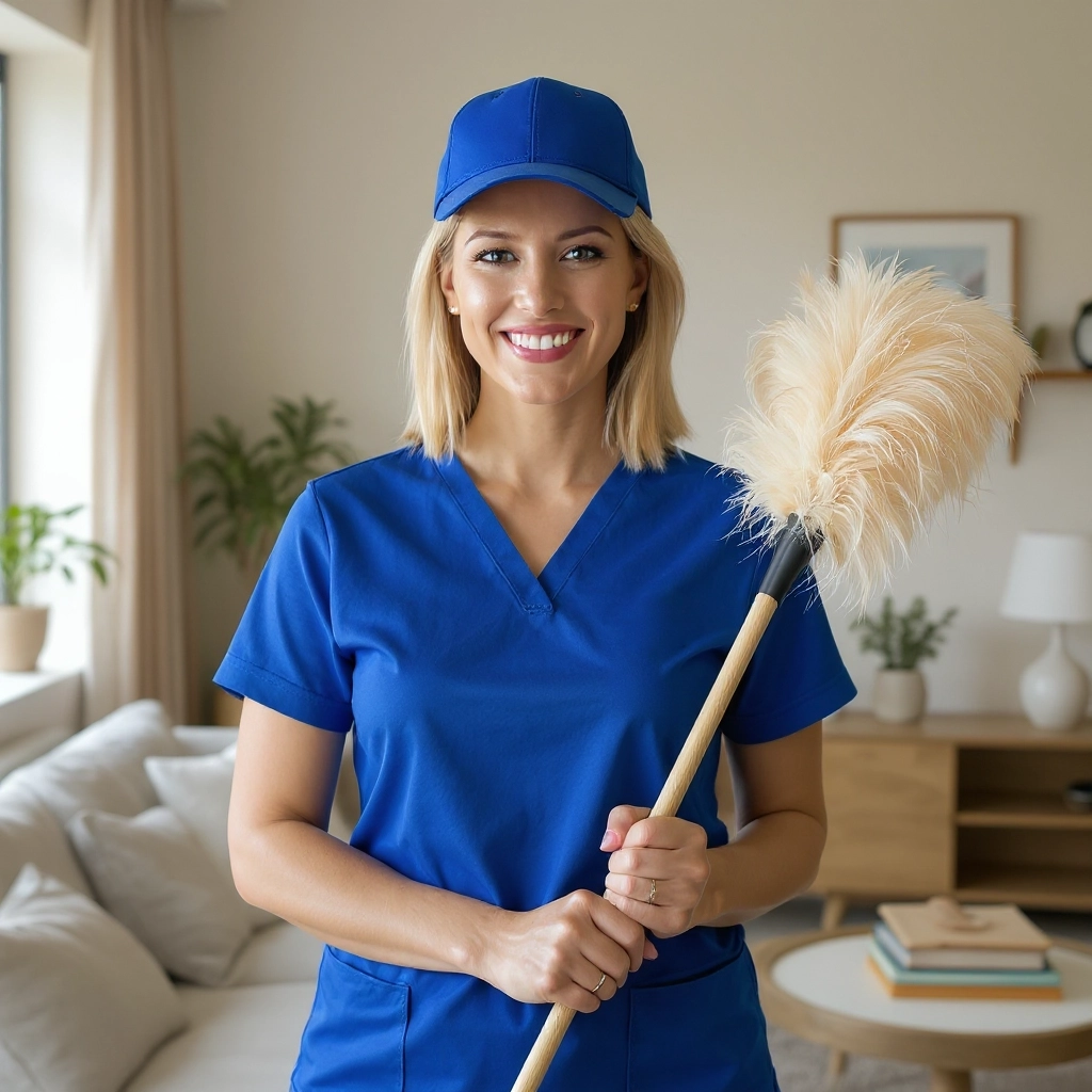 A smiling man holds a broom, ready to clean or tidy up his surroundings.