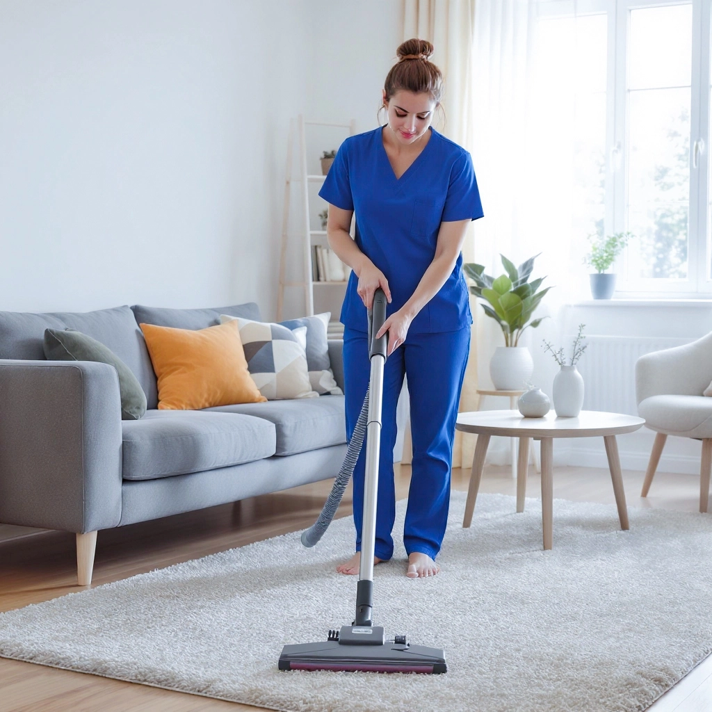 A man is vacuuming a tidy living room, focusing on the carpet while surrounded by furniture and decor.