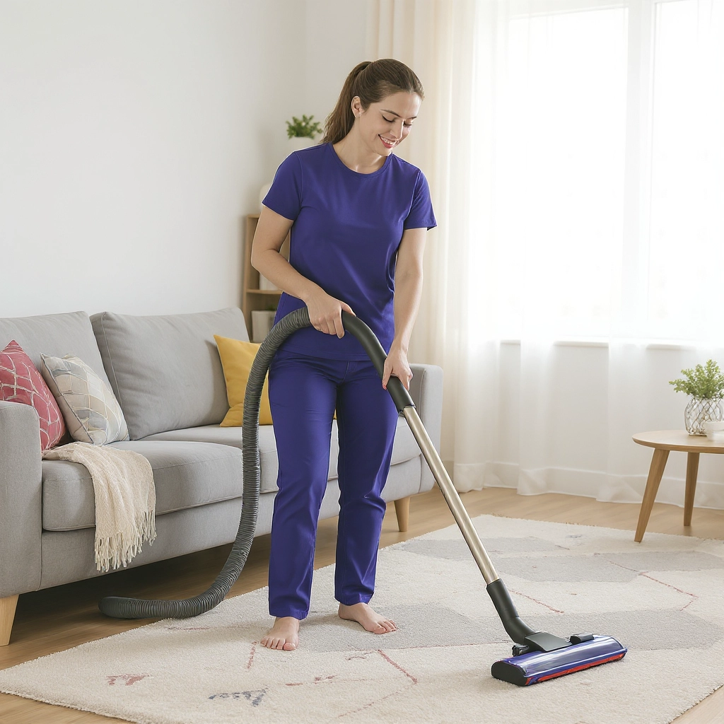 A man is vacuuming a tidy living room, focusing on the carpet while surrounded by furniture and decor.