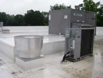 Rooftop ventilation and HVAC unit installed on flat roof at country club