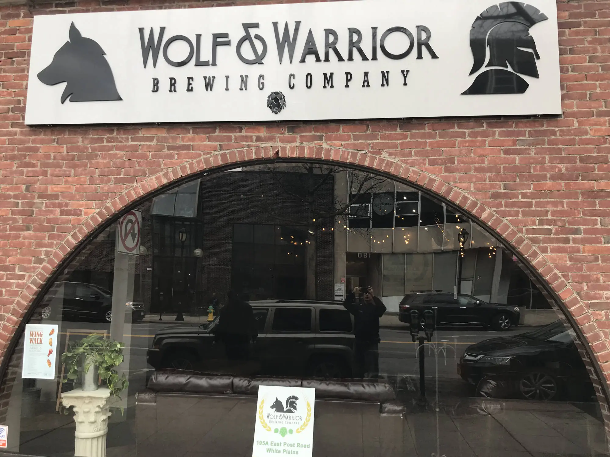 Exterior entrance of Wolf & Warrior Brewery in White Plains, NY