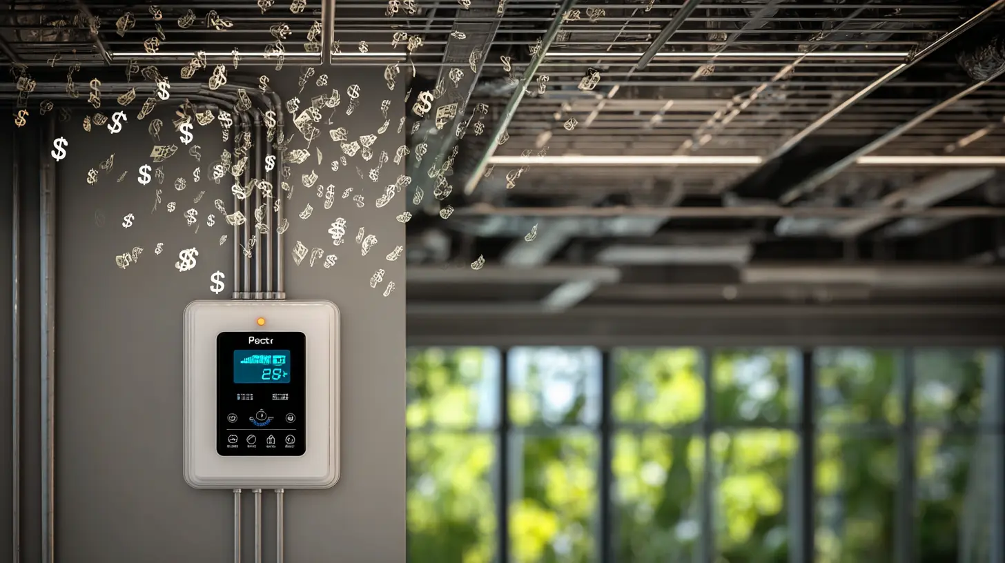 Modern HVAC control panel with dollar signs escaping through ceiling ducts, symbolizing energy loss without maintenance