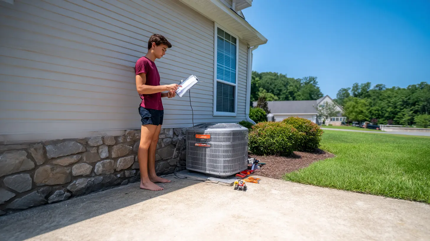 Homeowner inspecting HVAC checklist beside outdoor AC unit during summer maintenance