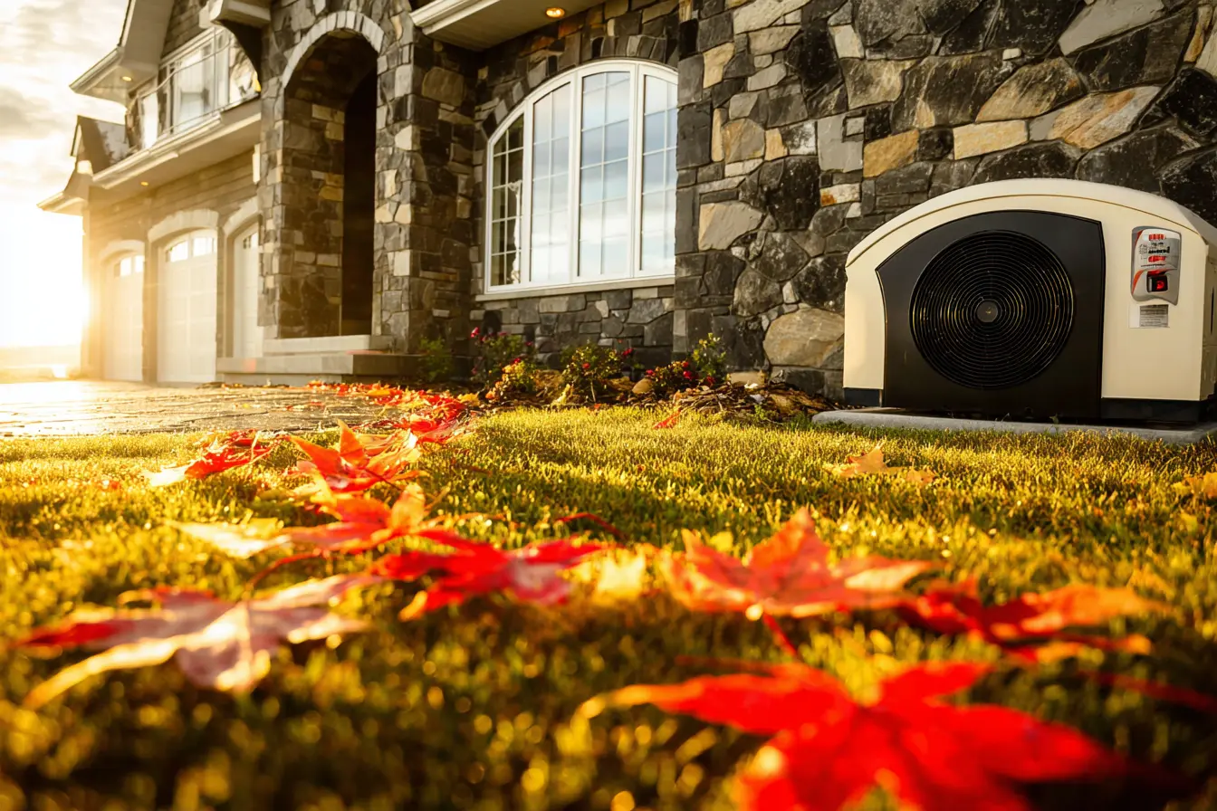 Residential home in autumn with HVAC unit outside, fall leaves on grass, warm sunlight