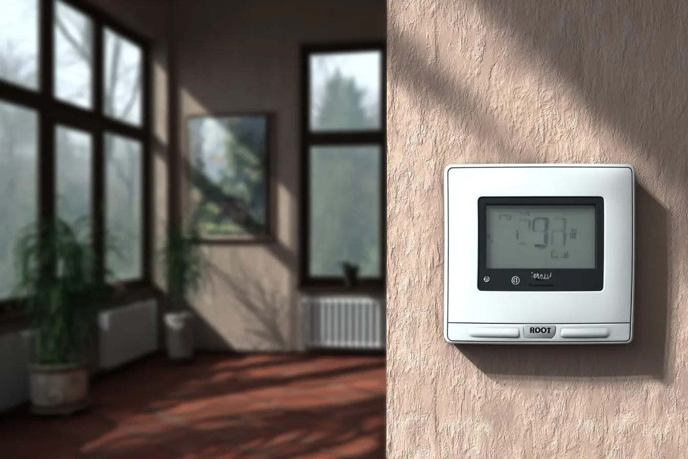 Modern home interior with HVAC thermostat, soft natural light, cozy family room