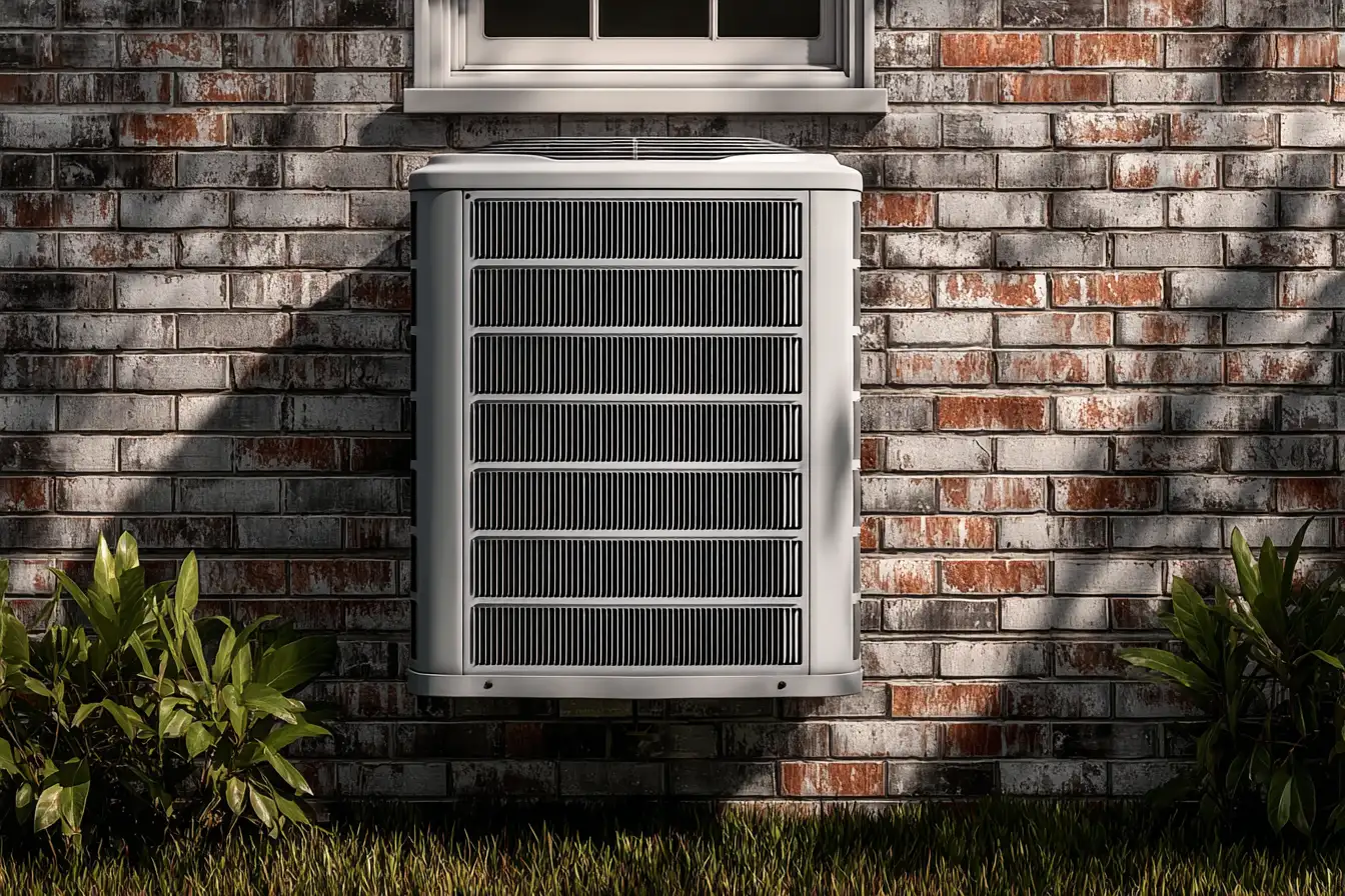 Outdoor central air conditioning unit in a clean, sunny suburban backyard with green grass