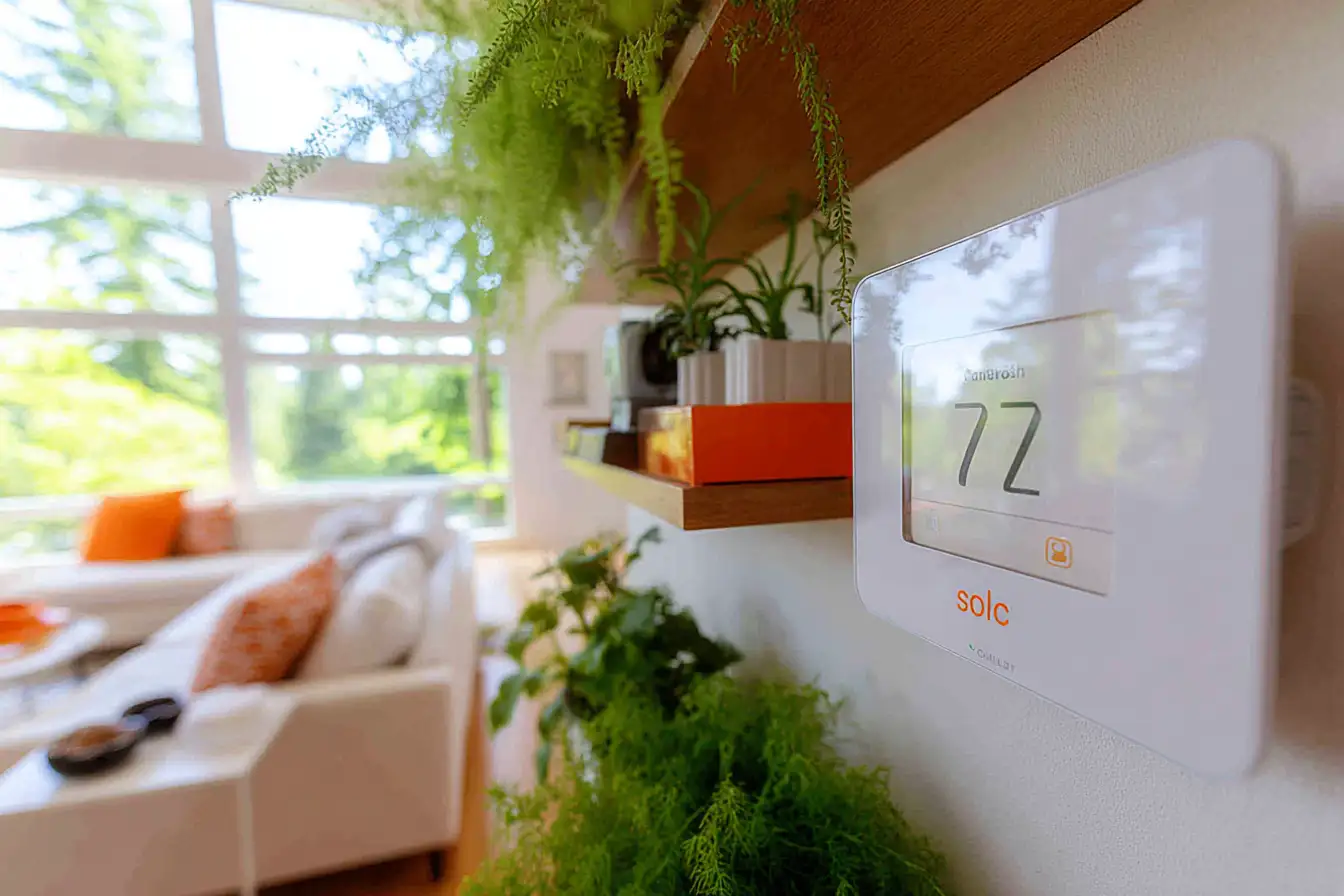 Smart thermostat mounted on a wall inside a bright, cozy, energy-efficient residential home interior