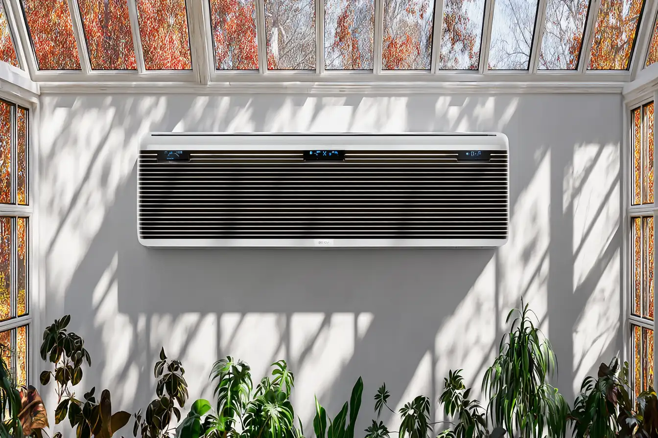 Modern living space with ductless air conditioning unit, advanced air purifier, clean vents, indoor plants, bright daylight