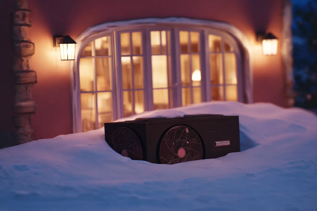 Cozy winter home with cleared outdoor HVAC heat pump and soft warm indoor lighting
