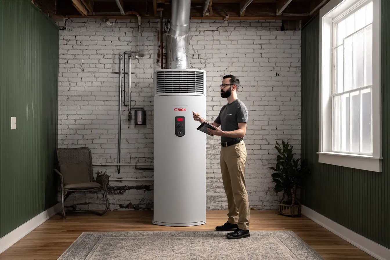 HVAC technician inspecting furnace in a warm residential home interior