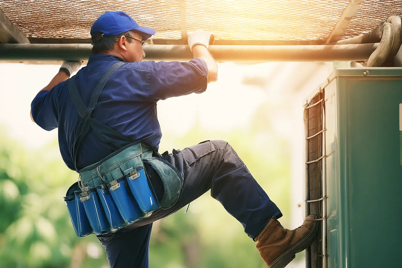 HVAC technician performing residential outdoor air conditioning maintenance during daylight