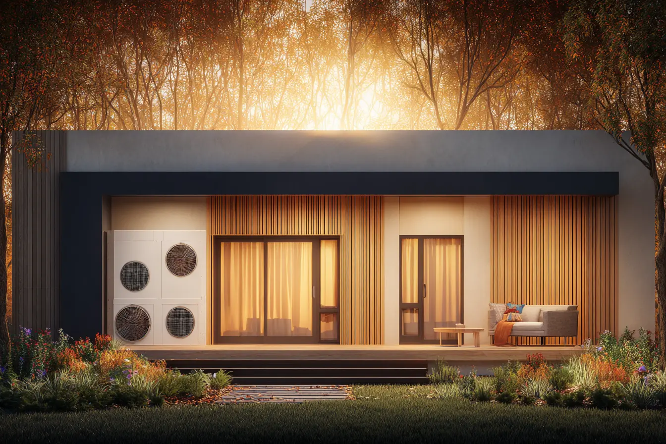 Modern home exterior showing HVAC equipment and energy-efficient ductwork in natural daylight