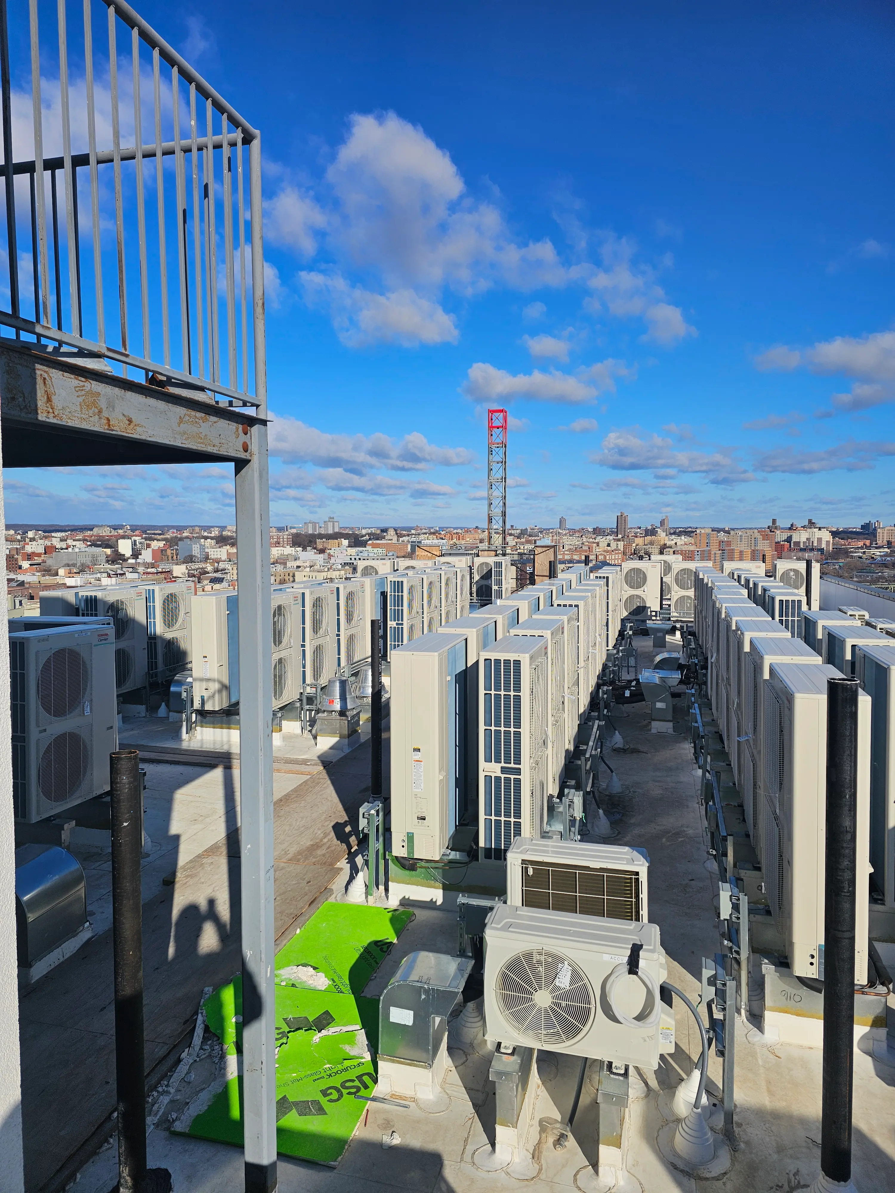 Multi-zone HVAC rooftop setup with panoramic city skyline in Bronx, NY
