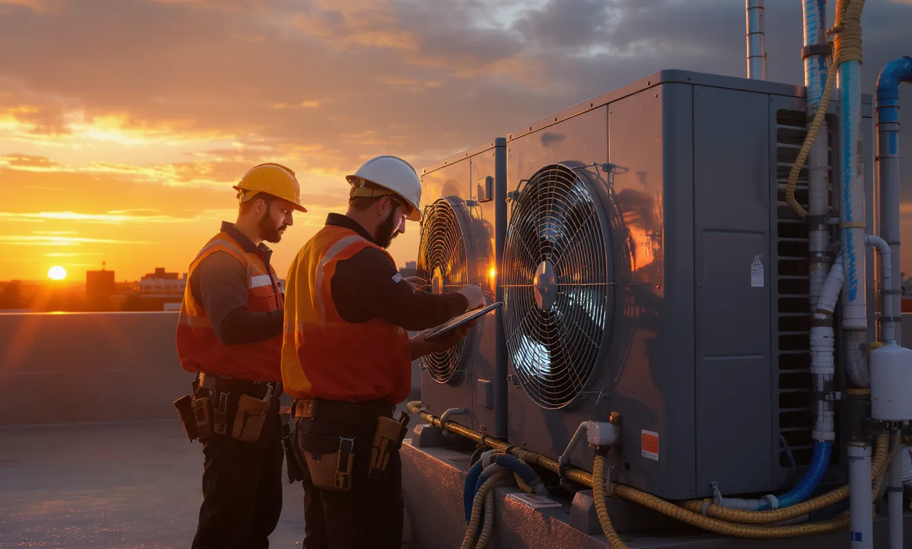 Two HVAC technicians inspecting rooftop air conditioning units during sunset, performing emergency maintenance on a commercial system to restore operation.