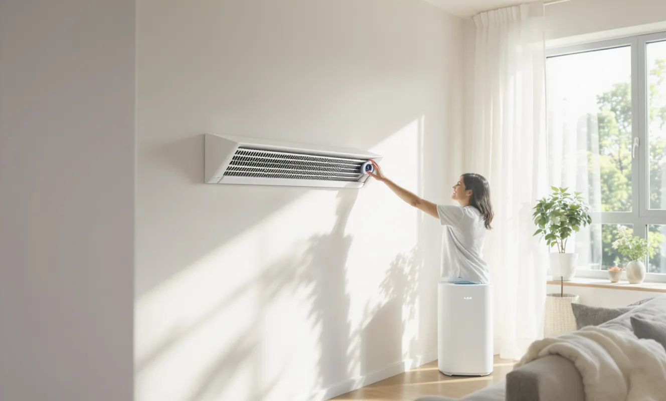 Woman adjusting a wall-mounted air conditioner in a bright living room, improving indoor air quality and comfort through proper HVAC maintenance.