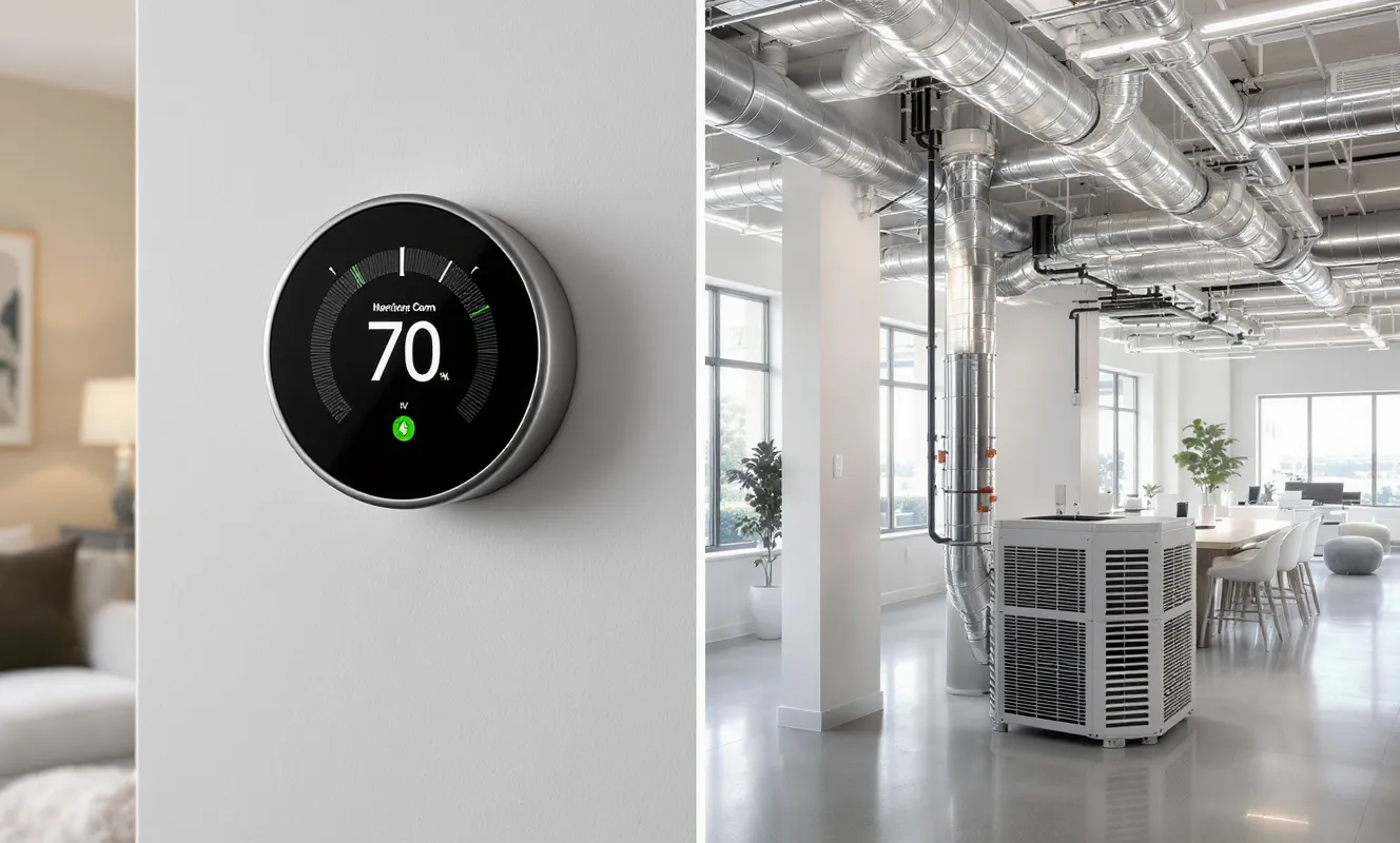 Smart thermostat displaying temperature settings beside a modern commercial HVAC system with exposed ductwork, showcasing energy-efficient climate control.