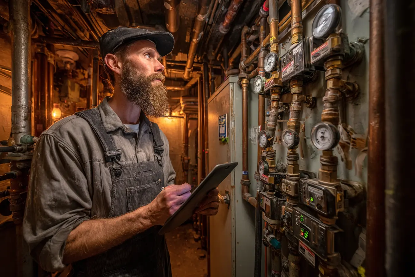HVAC technician inspecting boiler gauges and piping in a mechanical room while using a tablet during a winter maintenance check.