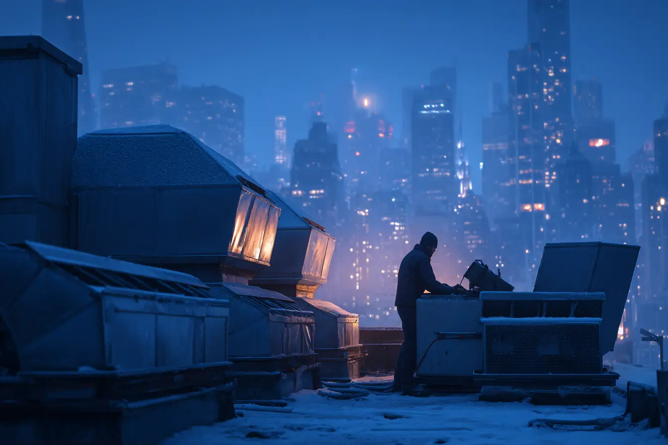 HVAC technician working on rooftop heating equipment at night during winter, with snow-covered units and a New York City skyline glowing in the background.