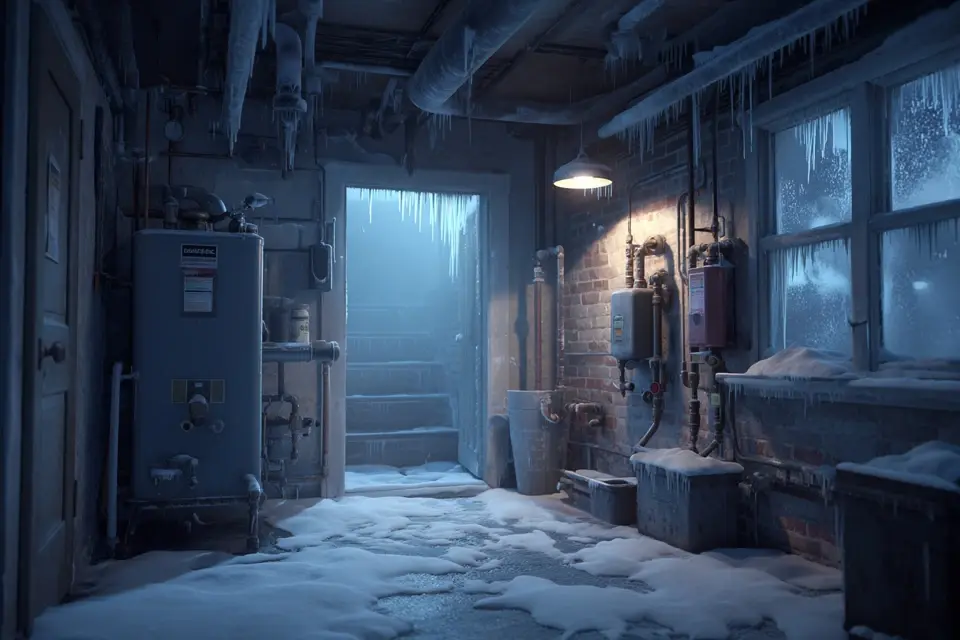 Frozen boiler and exposed piping in a building mechanical room during extreme January winter conditions