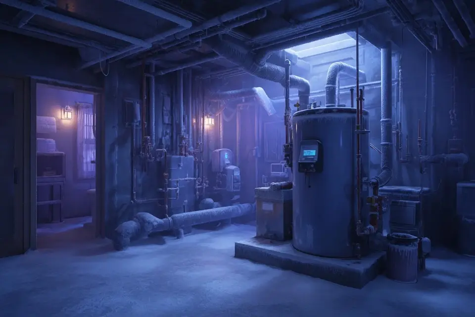 Frozen boiler and exposed HVAC piping inside a Tri-State building mechanical room during extreme winter conditions.