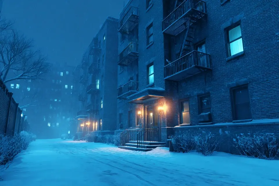 Tri-State residential building exterior during winter at night, representing a no-heat emergency.