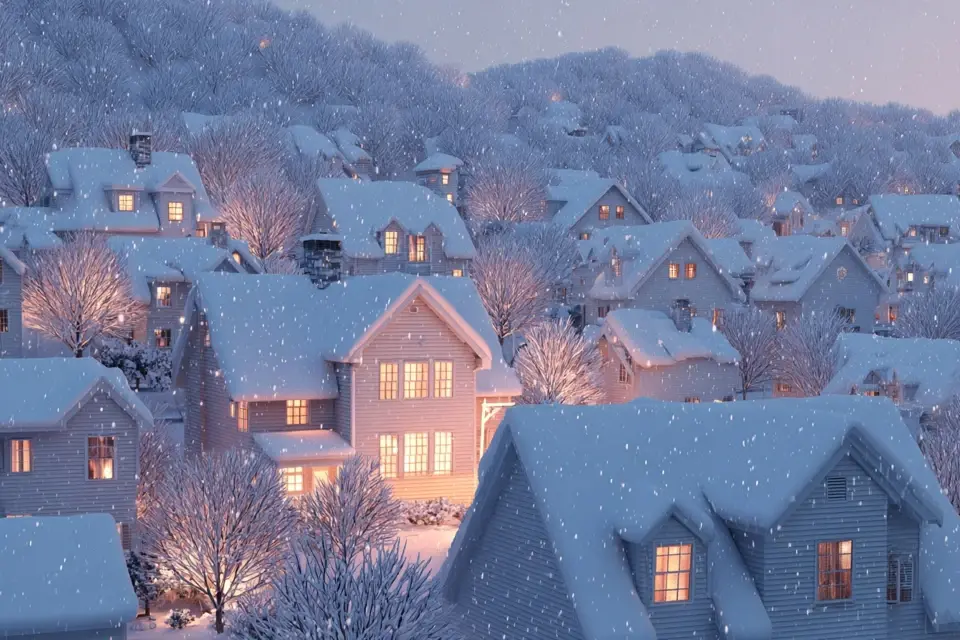 Snow-covered Westchester, NY neighborhood at night with warm interior lights, representing high residential heating use and rising energy bills in February.