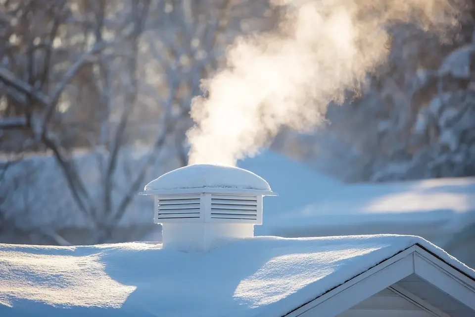 A Westchester County home during a February cold snap with snow and ice surrounding the HVAC system