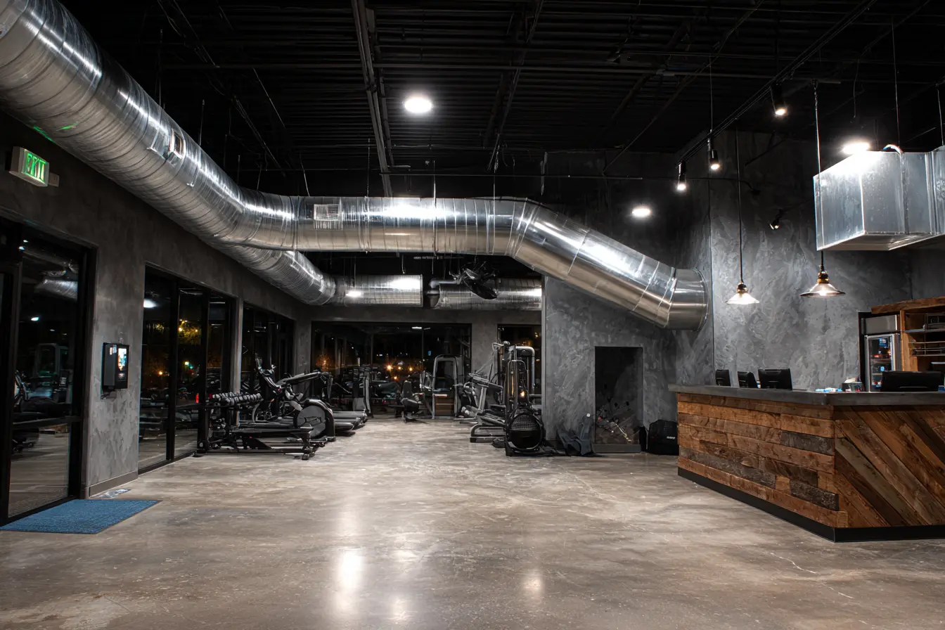 Modern commercial gym interior featuring exposed spiral HVAC ductwork, open ceiling design, and fitness equipment with visible air distribution system
