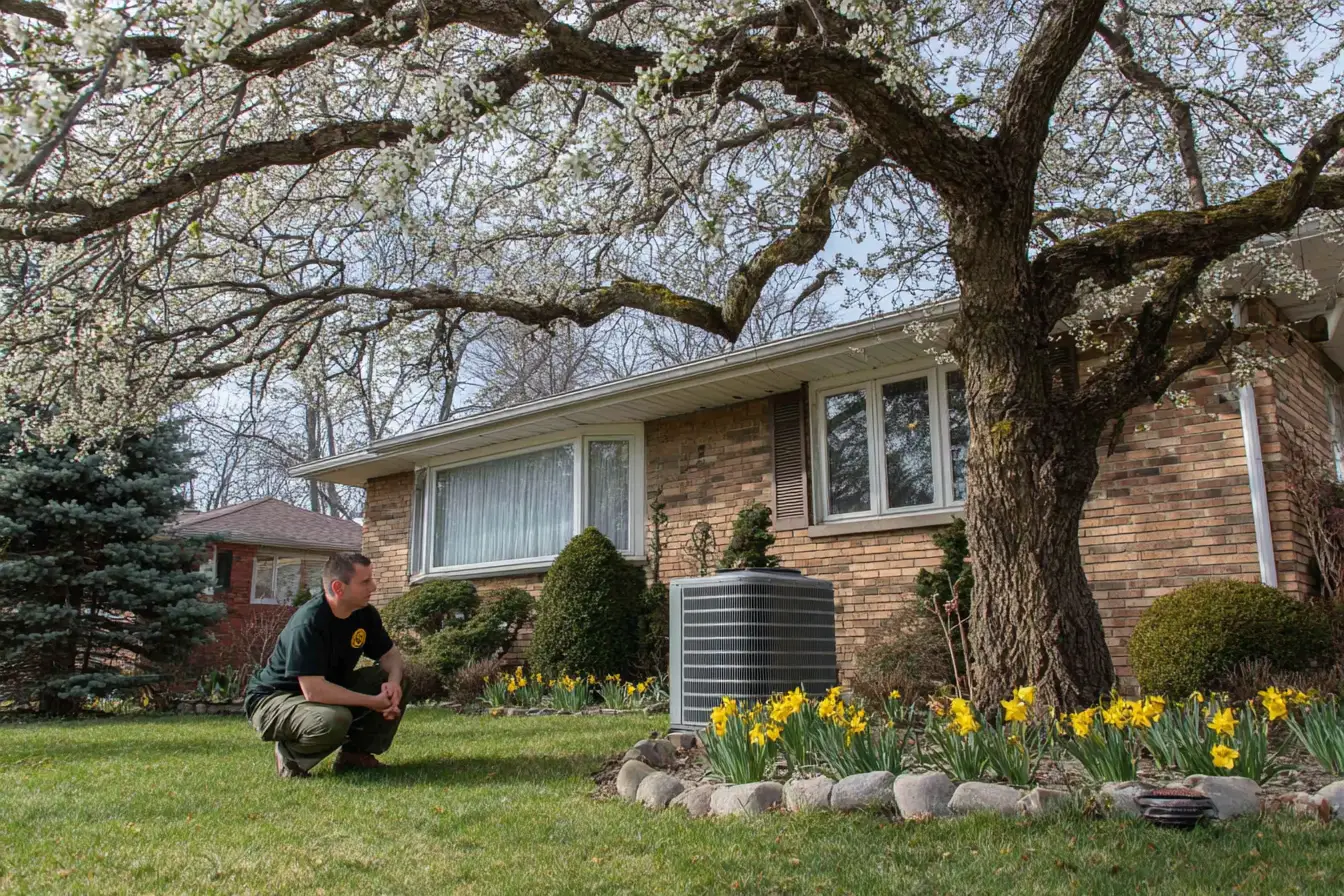 HVAC technician performing spring maintenance on outdoor AC unit at a suburban home in Westchester County