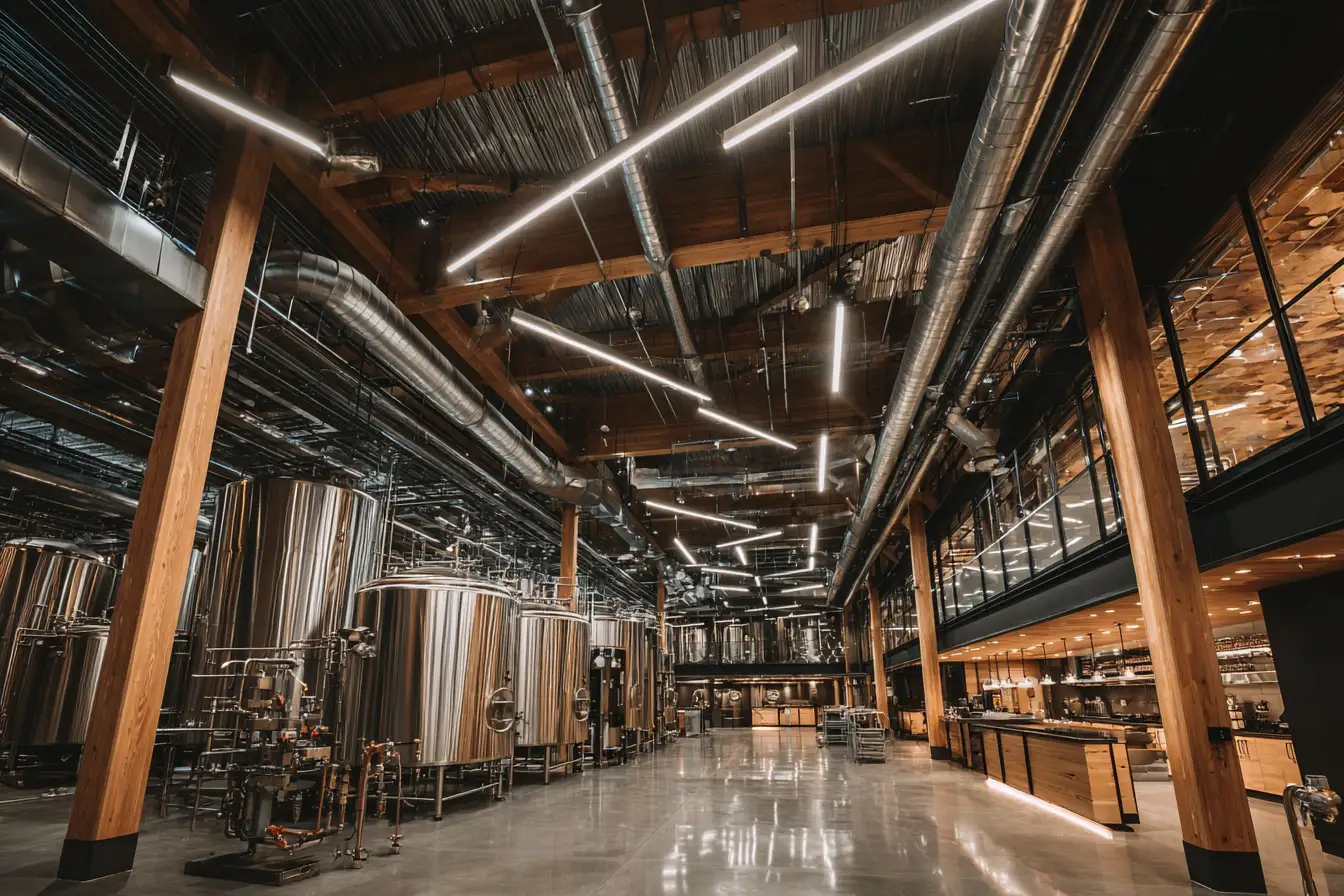 Commercial brewery interior with stainless steel fermentation tanks, exposed HVAC ductwork, ventilation systems, and industrial mechanical piping, realistic lighting, high detail, modern brewing facility