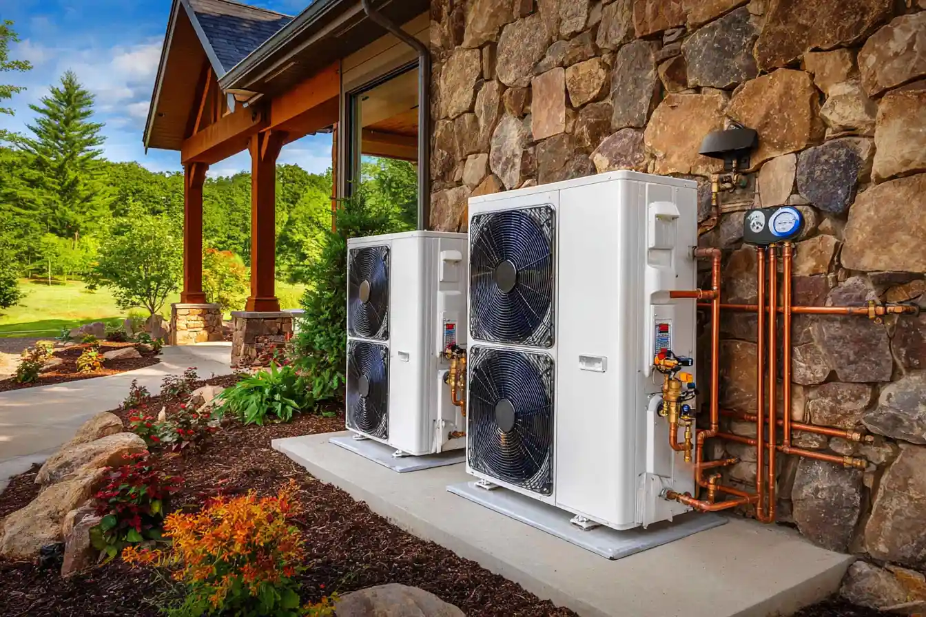Outdoor dual condenser units for a residential wine cooling system installed on a concrete pad with protective housing in Greenwich CT