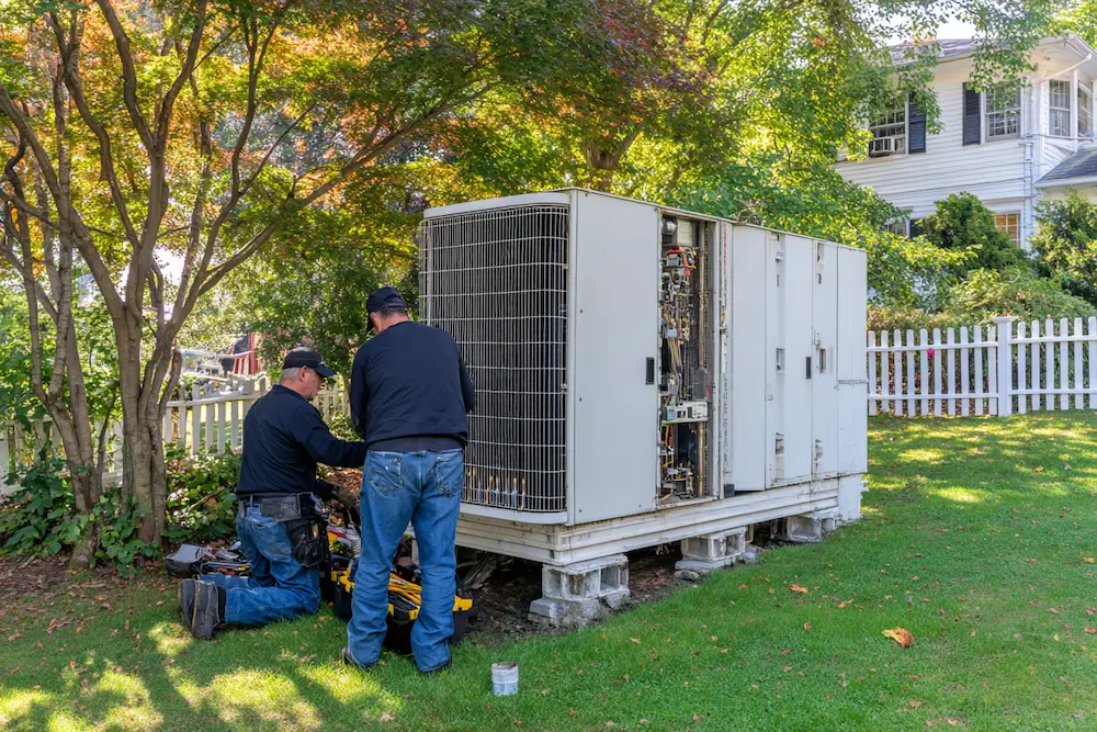 Outdoor HVAC technicians servicing a residential condenser unit next to a suburban home with trees and white fence