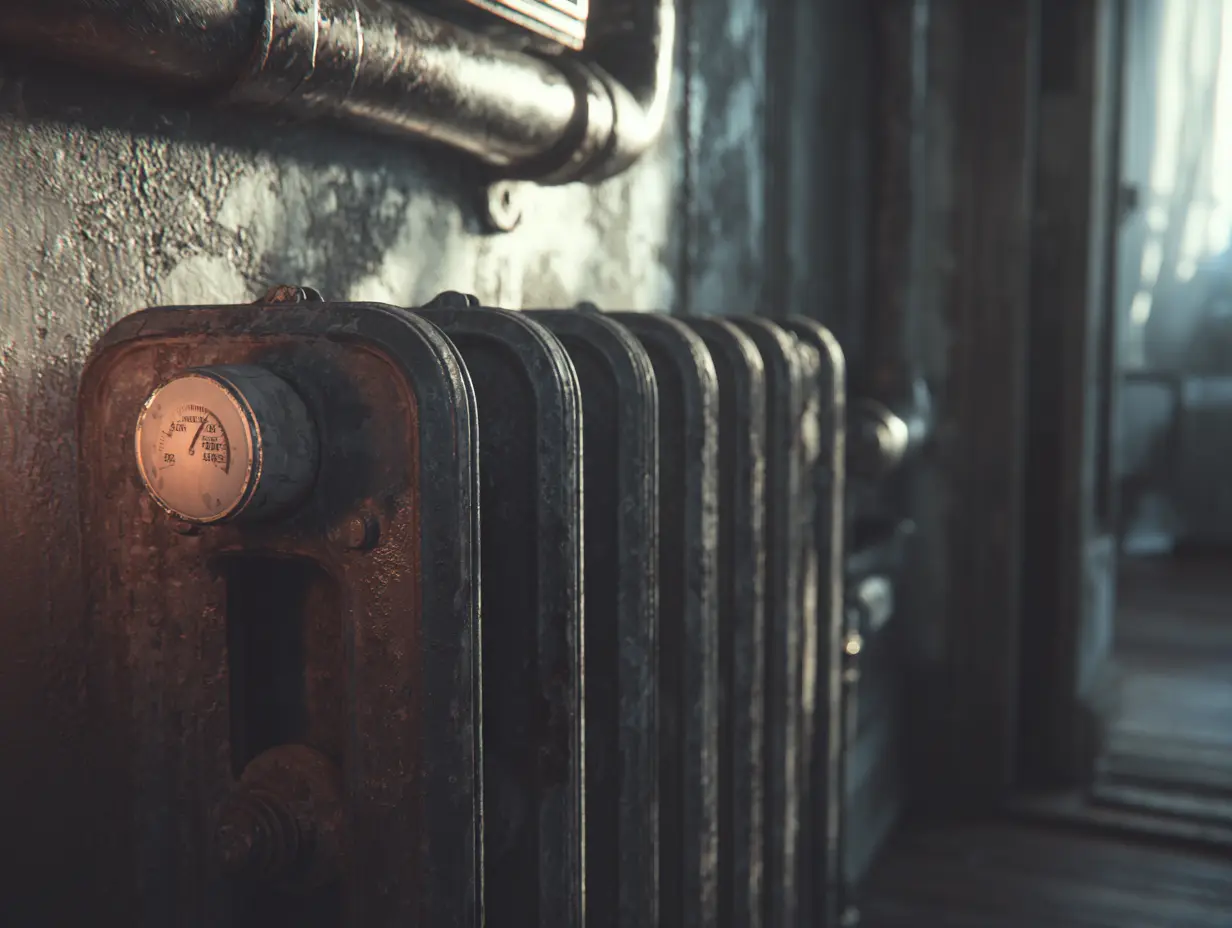 Older cast iron radiator inside an aging Yonkers apartment building with exposed steam pipes and dim winter lighting.