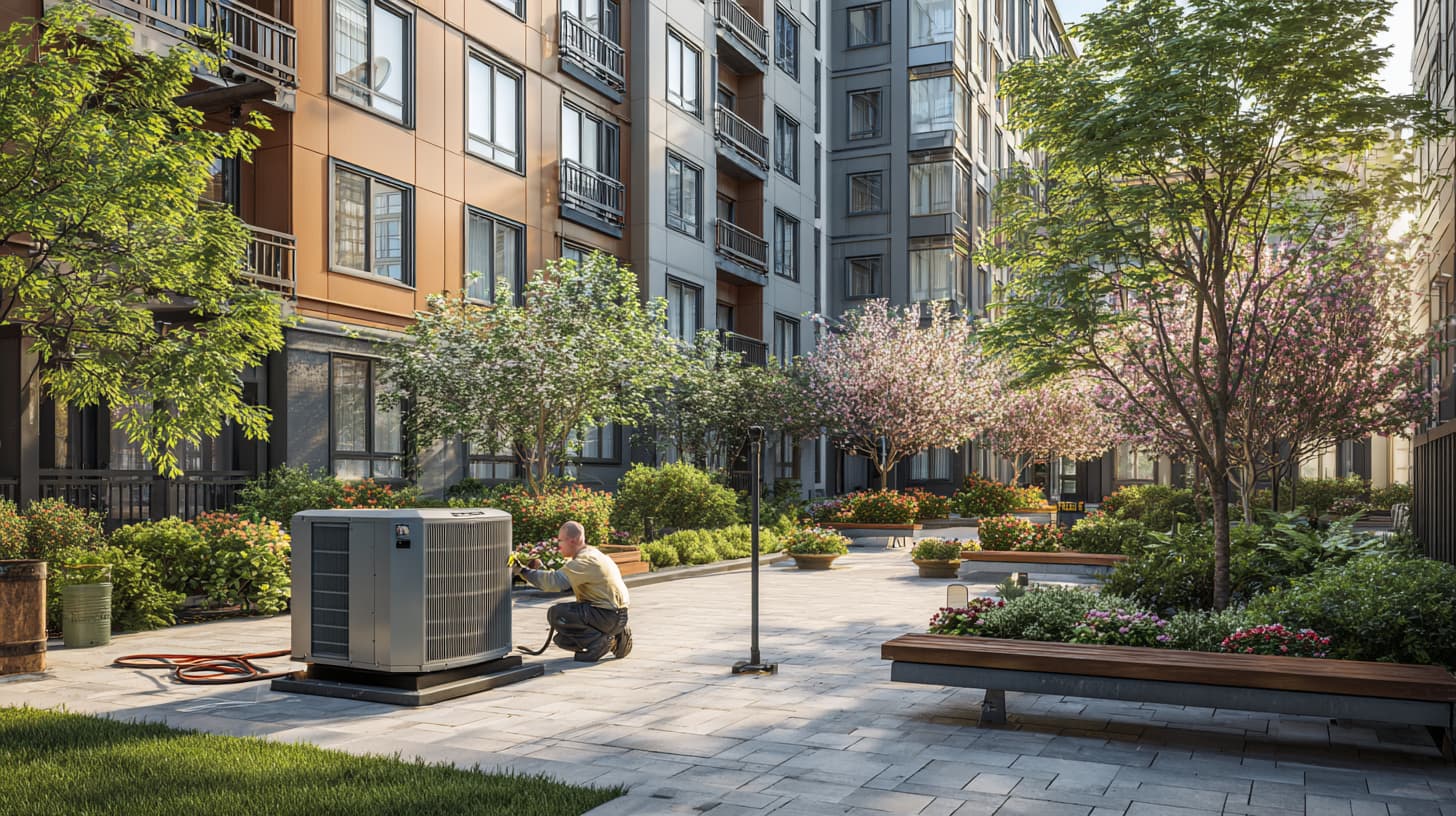 HVAC technician servicing hydronic heating equipment outside a modern Westchester County multi-family apartment building in spring
